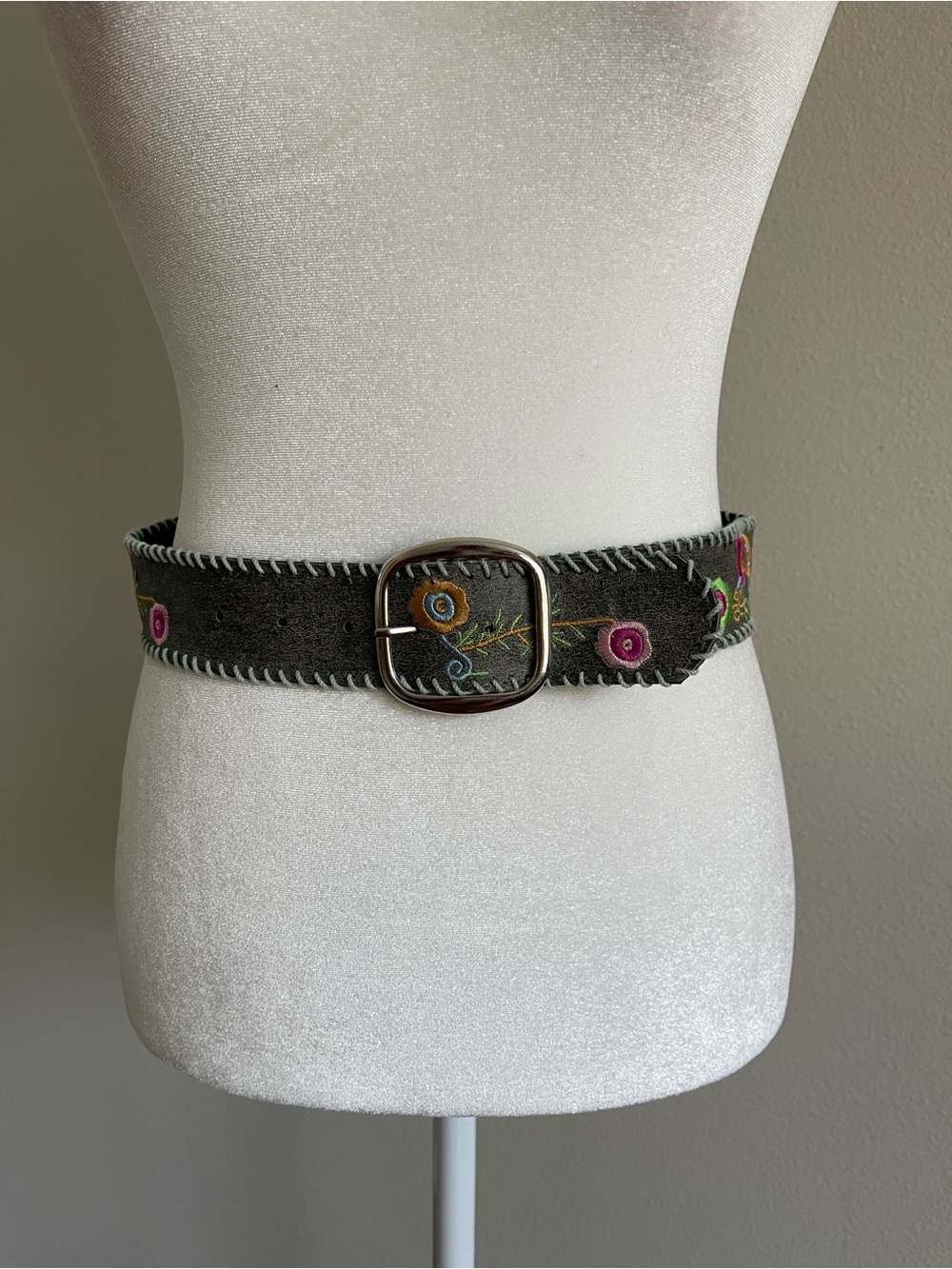 Olive Embroidered Suede Belt with Silver Buckle